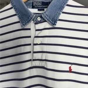 Ralph Lauren Denim Collar White and Blue Striped Polo Shirt